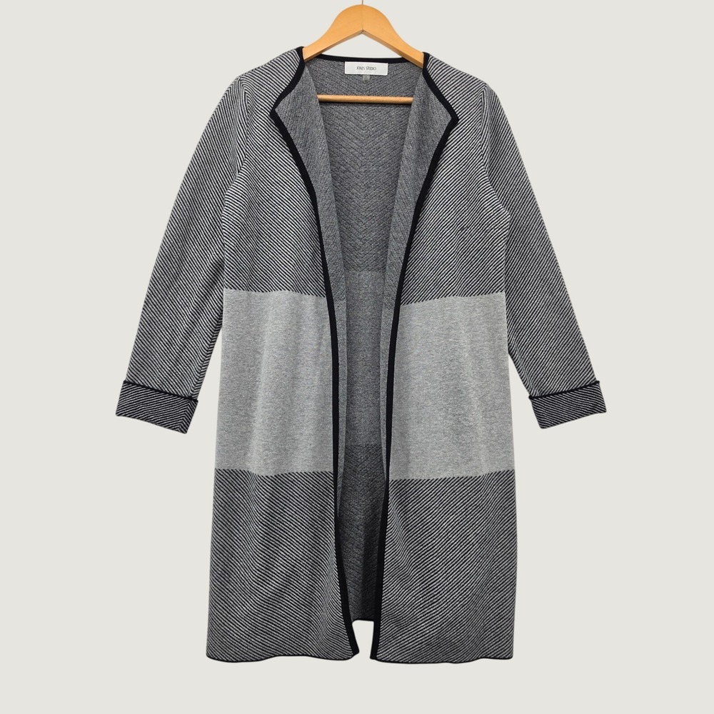Jones Studio Gray Black Stripe Open Front Longline Cardigan Duster Sweater Med